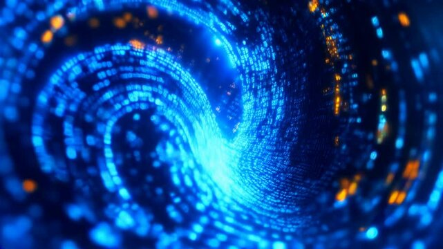 Binary data stream with glowing blue and orange bits in a curved digital tunnel, symbolizing data transmission and cyber networks