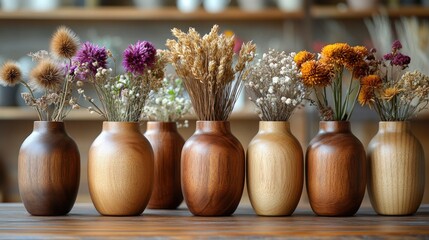 Dried Flower Arrangement in Wooden Vases
