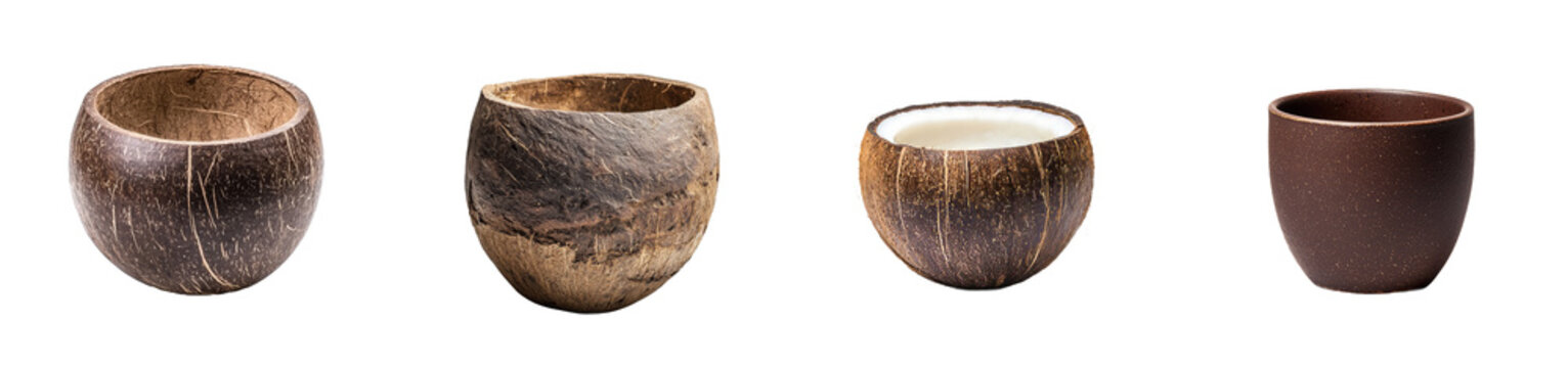 On a transparent background, a coconut shell cup is isolated
