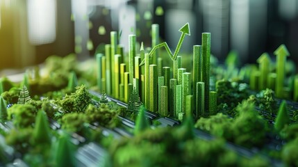 3D visualization of sustainable finance metrics with layered columns, environmental impact icons, and green arrows on a white background