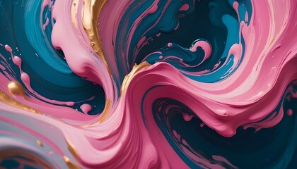 macro shot of vibrant pink and blue paint swirling together in intricate patterns, with glistening textures creating depth and dimension create with ai
