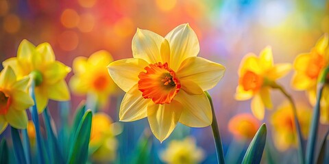 Fototapeta premium Vibrant Silhouette Photography of Colorful Daffodil Petals - Medium Shot Oil Painting Style, Natureâ€™s Beauty, Floral Art, Springtime Bliss, Botanical Photography, Artistic Expression, Color Palette