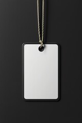 Fototapeta premium Blank badge mockup isolated on black. plain empty name tag mock up hanging on neck with string. name tag corporate design.