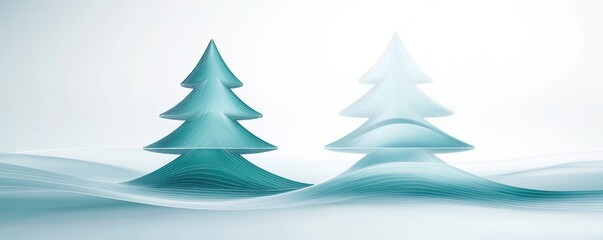 Obraz premium Two stylized, translucent trees are portrayed in a serene, icy landscape, evoking a tranquil winter atmosphere.