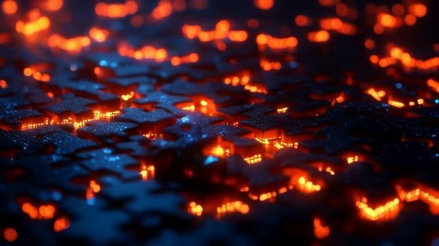 Illuminated red puzzle pieces connecting on a dark background, representing digital networks, integration, and technological connectivity