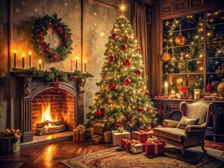 Vintage Christmas Interior with Stylish Decor, Beautifully Adorned Tree, Cozy Fireplace, Festive Atmosphere, Retro Decorations, Holiday Cheer, Warm Lighting, and Classic Touches