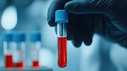 Hands in black gloves carefully holding test tubes with vibrant red liquid, preparing for analysis in a sterile lab environment