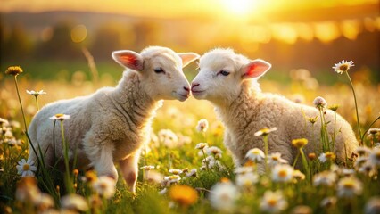 Obraz premium Vintage Pastoral Scene of Two Lambs Nuzzling Amidst a Field of Daisies - Serene Nature Photography, Farm Life, Animal Companionship, Spring Vibes, Rustic Charm