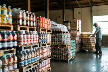A man in a warehouse stacks cases of bottled beverages on pallets.