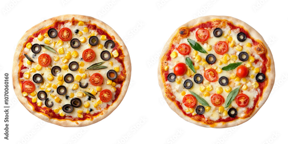 Poster an isolated top view of a vegan pizza with tomatoes and olives on a transparent background