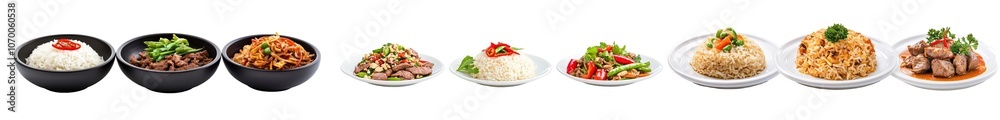 Poster isolated rice and beef plates on a transparent background