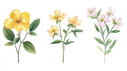 Obraz premium Watercolor illustration spring blossom flowers with soft yellow and pink hues green leaves isolated on white background
