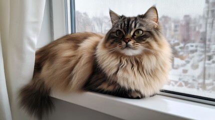 fluffy cat sitting on a windowsill near white curtains, natural daylight