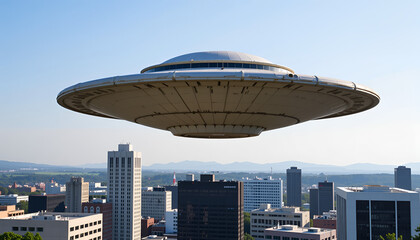 Naklejka premium Sleek UFO hovering above a modern city skyline on a clear day
