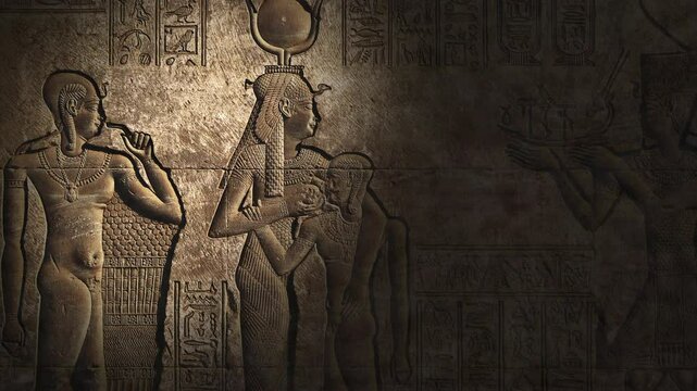 Light spot moving on hieroglyphic carvings on the wall of an ancient egyptian temple, 4k