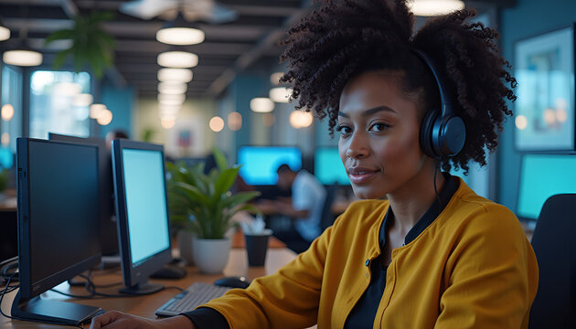 African American woman wearing headphones at a desk in a modern office environment