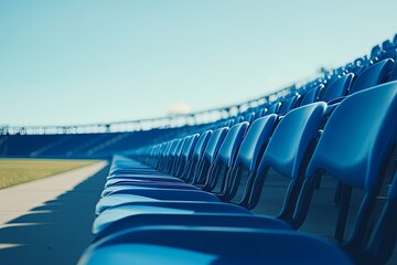 Blue stadium seats line the viewing area on a bright day, ready for fans to enjoy an exciting sporting event ahead. Generative AI