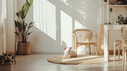minipig sitting in a white room with wooden furniture, natural daylight