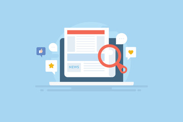 Online news blog magazine article on laptop screen, digital journal subscriber concept, vector illustration.