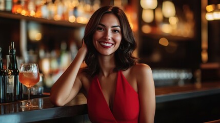 beautiful woman in a red dress sitting at a bar, smiling, holding a cocktail, low lights,