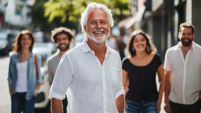 A white-haired mature man in loose jeans and a white casual shirt smiling with a group of friends on a city street, natural light - Powered by Adobe
