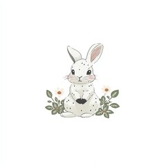 Obraz premium Adorable hare or wild rabbit sitting in flowers, hand drawn in linocut style