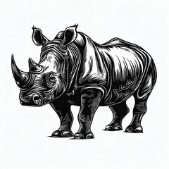 Fototapeta premium African rhinoceros in linocut textured style. Isolated on white background vector illustration , isolated on white background, , copy space, copy space for text,