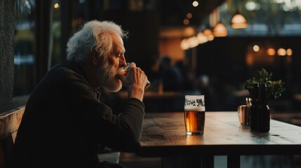 older man with a beard sipping a beer slowly, sitting alone at a wooden bar table, dim lighting creating a moody and thoughtful atmosphere