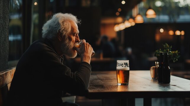 older man with a beard sipping a beer slowly, sitting alone at a wooden bar table, dim lighting creating a moody and thoughtful atmosphere - Powered by Adobe