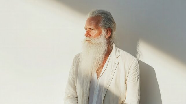 Elderly man with a long white beard in a light jacket, standing in a minimalist white space illuminated by direct light,