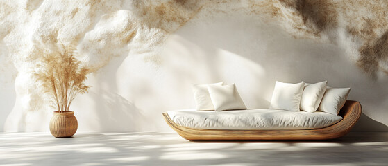Minimalist Living Room with Wicker Couch and Dried Grass.