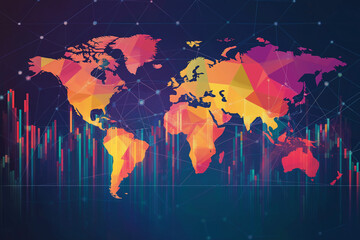 Colorful world map with low poly style stock market   