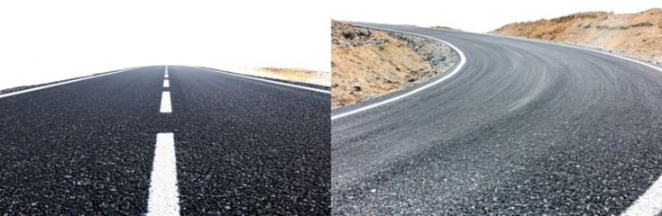 On a transparent background, there is an empty asphalt road with a wide width