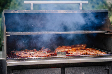 Open barbecue grill filled with a variety of meat cuts, surrounded by smoke, creating an outdoor cooking ambiance..