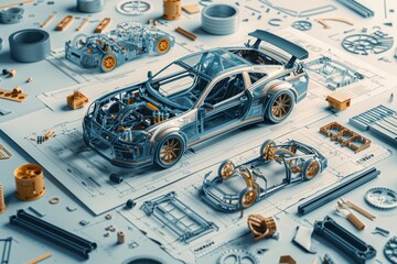 A disassembled car model with various parts spread around on technical blueprints.