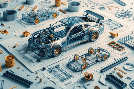 A disassembled car model with various parts spread around on technical blueprints.