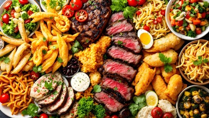 Fototapeta premium Large Food Platter: Steak, Pasta, Fried