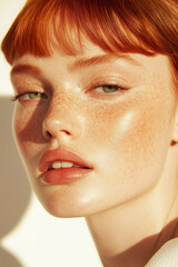 Portrait of a freckled redhead woman with luminous, dewy skin, exuding a fresh, summer look in warm sunlight.