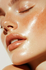 Close-up of a serene woman with eyes closed, highlighting her fresh, hydrated skin and luminous glow.