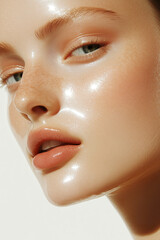 Portrait of a young woman with a clean, fresh face and luminous skin, captured in studio lighting with a sophisticated gaze.