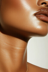 Portrait highlighting an African-American woman�s elegant neckline and glowing skin, radiating wellness and beauty in studio light.