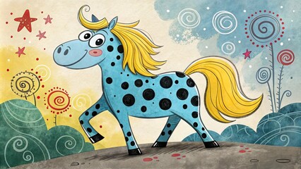 Fototapeta premium Whimsical Blue Horse with Yellow Mane and Spots in a Field of Flowers and Stars