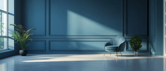 Elegant Blue Room with Velvet Chair and Sunlight.