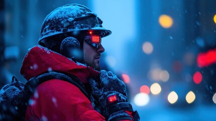 Obraz premium Winter worker prepares for snowy conditions in urban environment