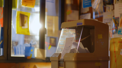   Hand pressing voting ballot button on electronic voting machine in modern polling station, highlighting democratic process and civic duty. 