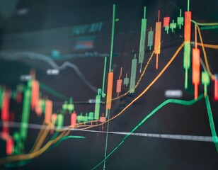 Stock market charts displayed on a screen, representing financial trading, market analysis, and investment.