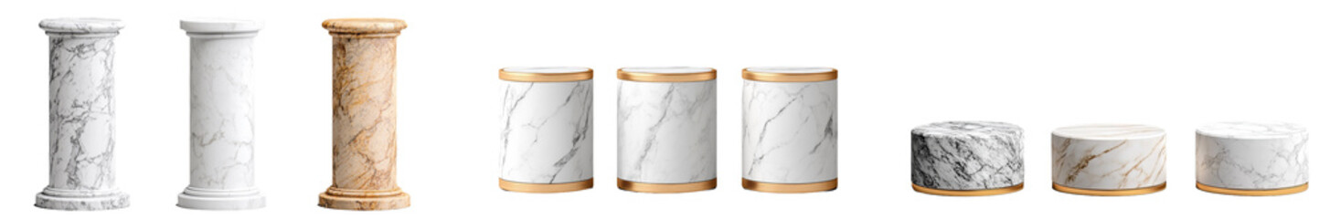 A square marble pedestal featuring gold veins is ideal for displaying art, sculptures, and photographs. Isolated on a transparent background, png.