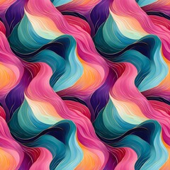 Abstract colorful seamless pattern with waves in pink or red, blue or teal, orange and purple colors, gold lines. Watercolor abstract art.