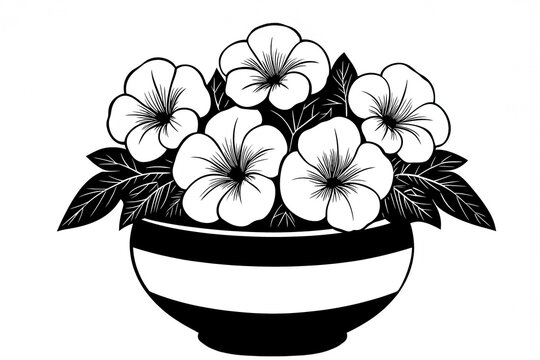 black and white flowers in striped pot clip art preview