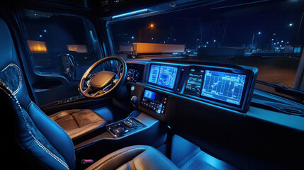 Modern semi truck cabin with illuminated dashboard at night